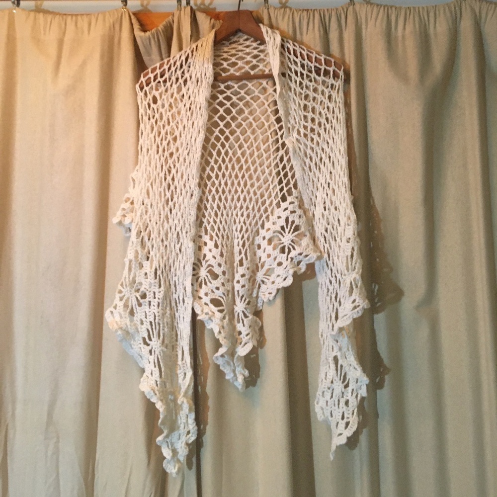 Hand crocheted acrylic triangular scarf/shawl with snowflake hem